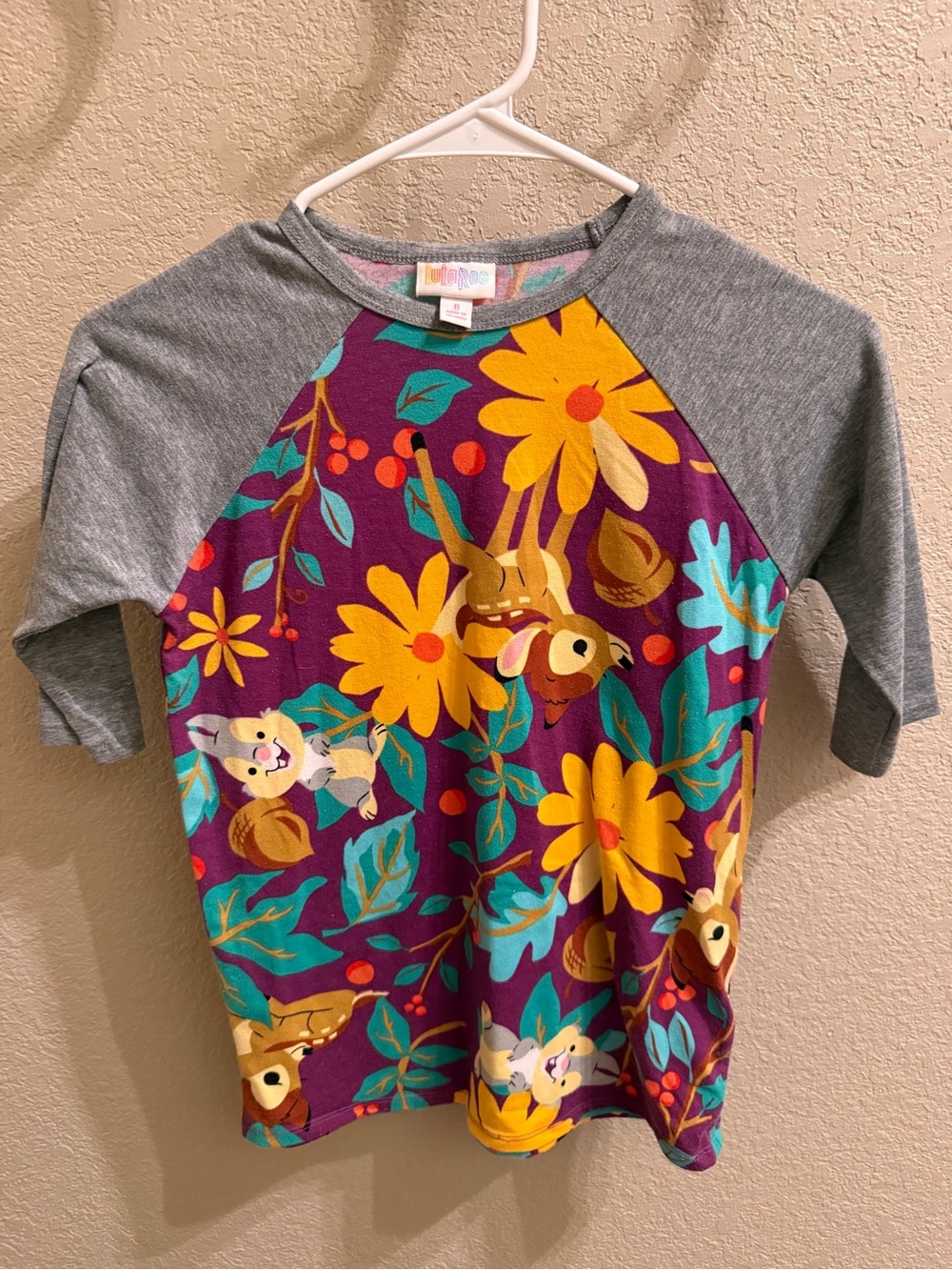 LuLaRoe Kids' Purple Floral & Bambi Raglan Shirt - Gray Sleeves